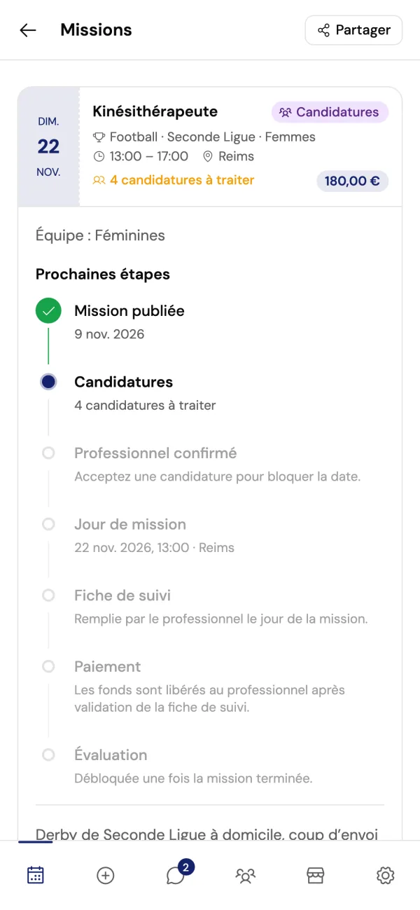 L'application Tries côté club : une mission de kinésithérapeute avec quatre candidatures à traiter et ses prochaines étapes