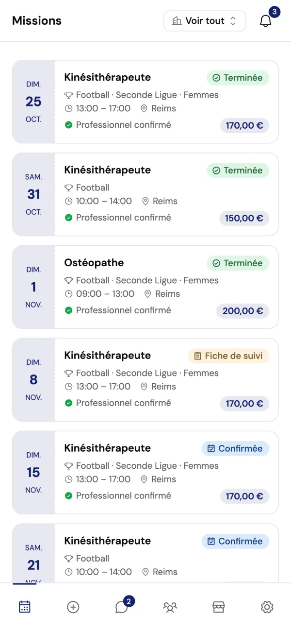L'application Tries côté club : la liste des missions de la saison, avec le professionnel confirmé et le prix de chacune