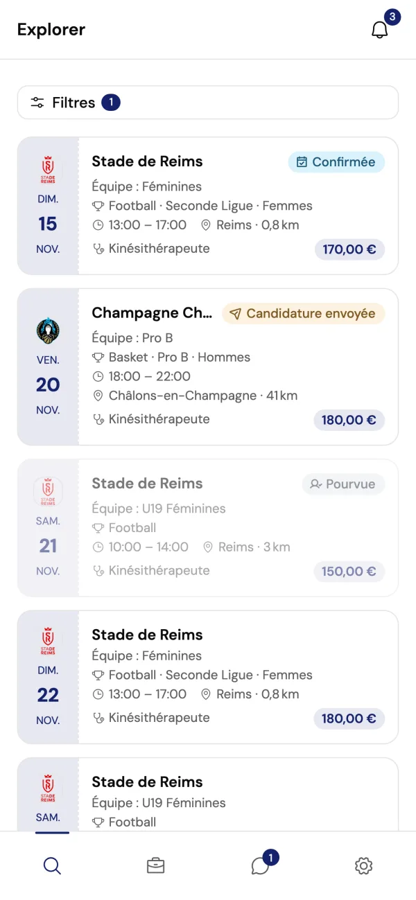 L'application Tries côté professionnel de santé : les missions des clubs proches, avec la distance et la rémunération