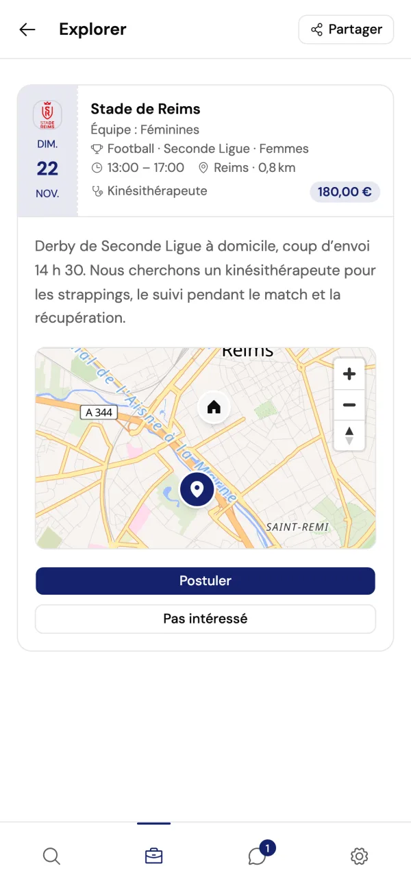 L'application Tries côté professionnel de santé : le détail d'une mission au Stade de Reims, sa carte et le bouton Postuler